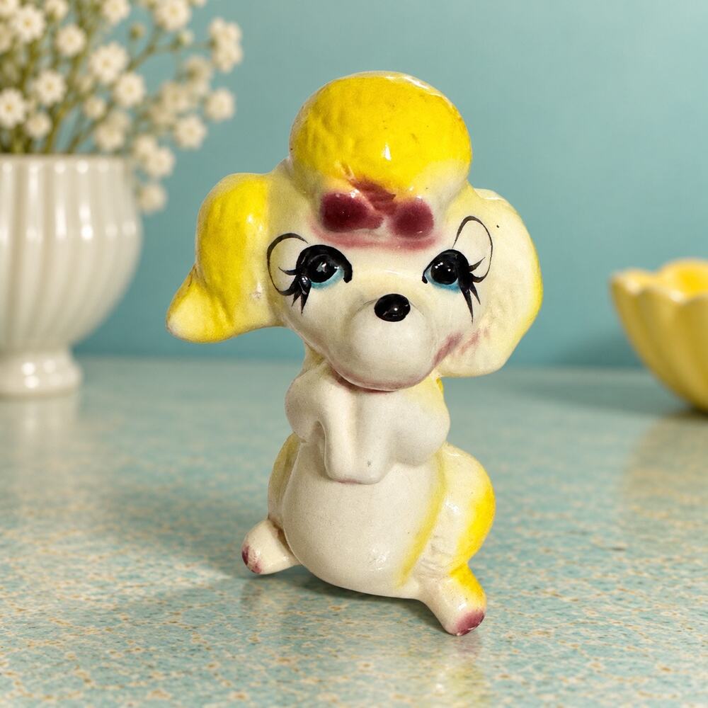 Vintage 1950s Ceramic Poodle Dog Figurine Yellow MCM Kitsch 6 Inch